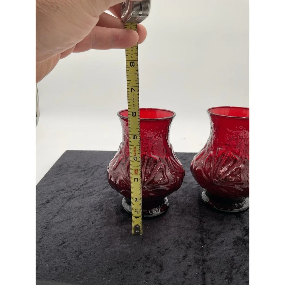 2 VIntage Royal Ruby Red Rainflower Anchor Hocking Mid Century Vases 1950s